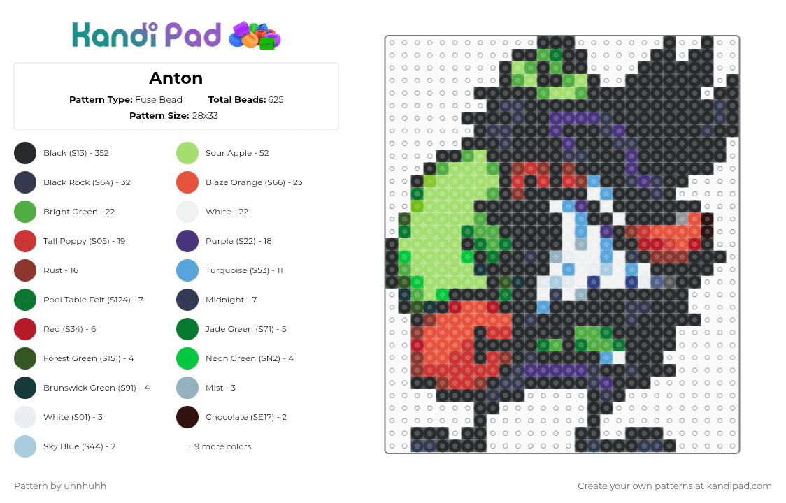 Anton - Fuse Bead Pattern by unnhuhh on Kandi Pad - black, green, purple, red