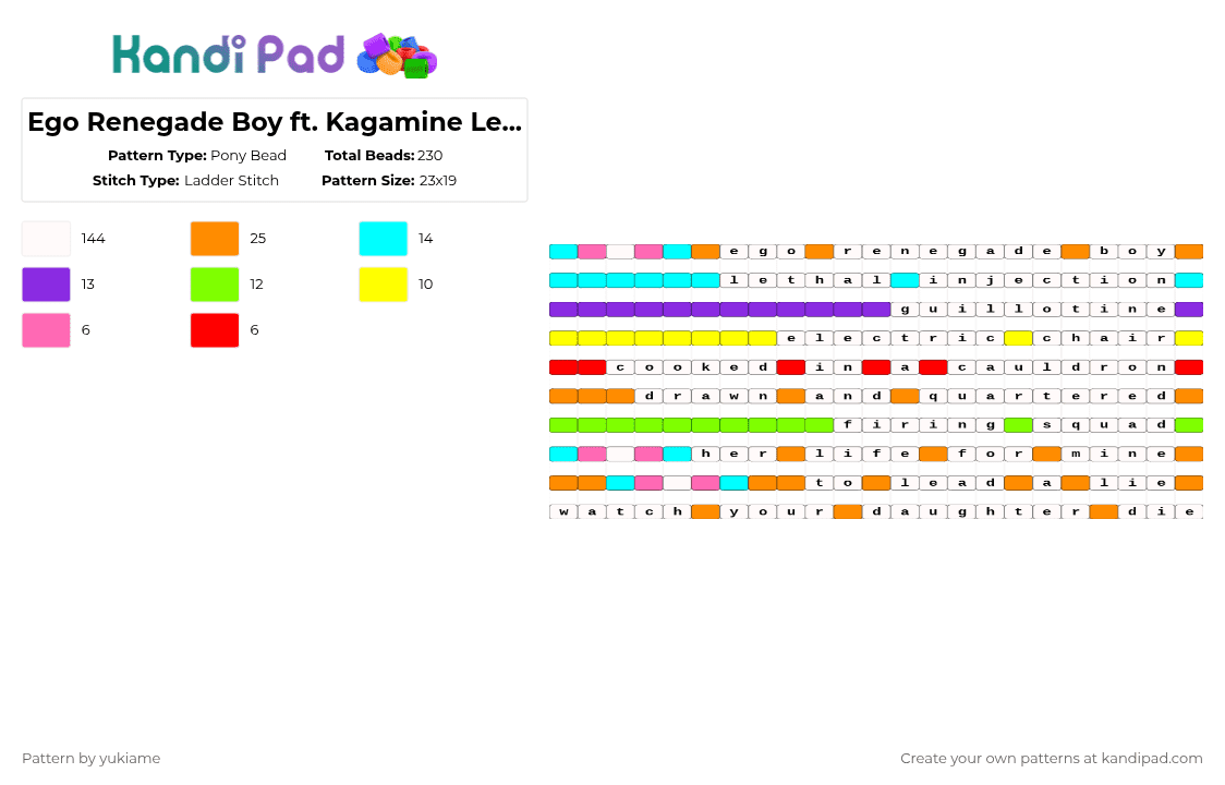 Ego Renegade Boy ft. Kagamine Len . FLAVOR FOLEY - Pony Bead Pattern by ev1lf00deater-ban1cac0nch1ta on Kandi Pad - white,orange,purple,colorful,ego renegade boy,kagamine len,flavor foley
