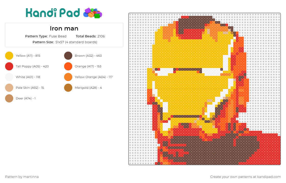 Iron man - Fuse Bead Pattern by martinna on Kandi Pad - superhero,marvel,comics,armored,tribute,comic book culture,yellow,orange