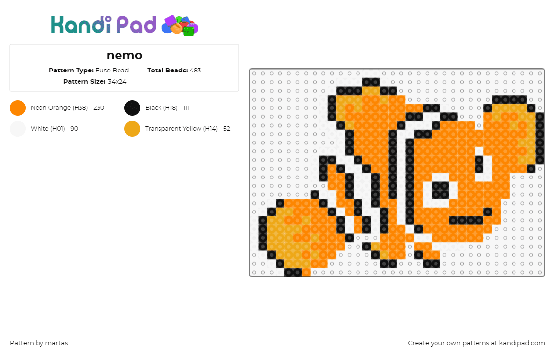 nemo - Fuse Bead Pattern by martas on Kandi Pad - nemo,clownfish,disney,fish,character,animation,movie,finding nemo,orange,white