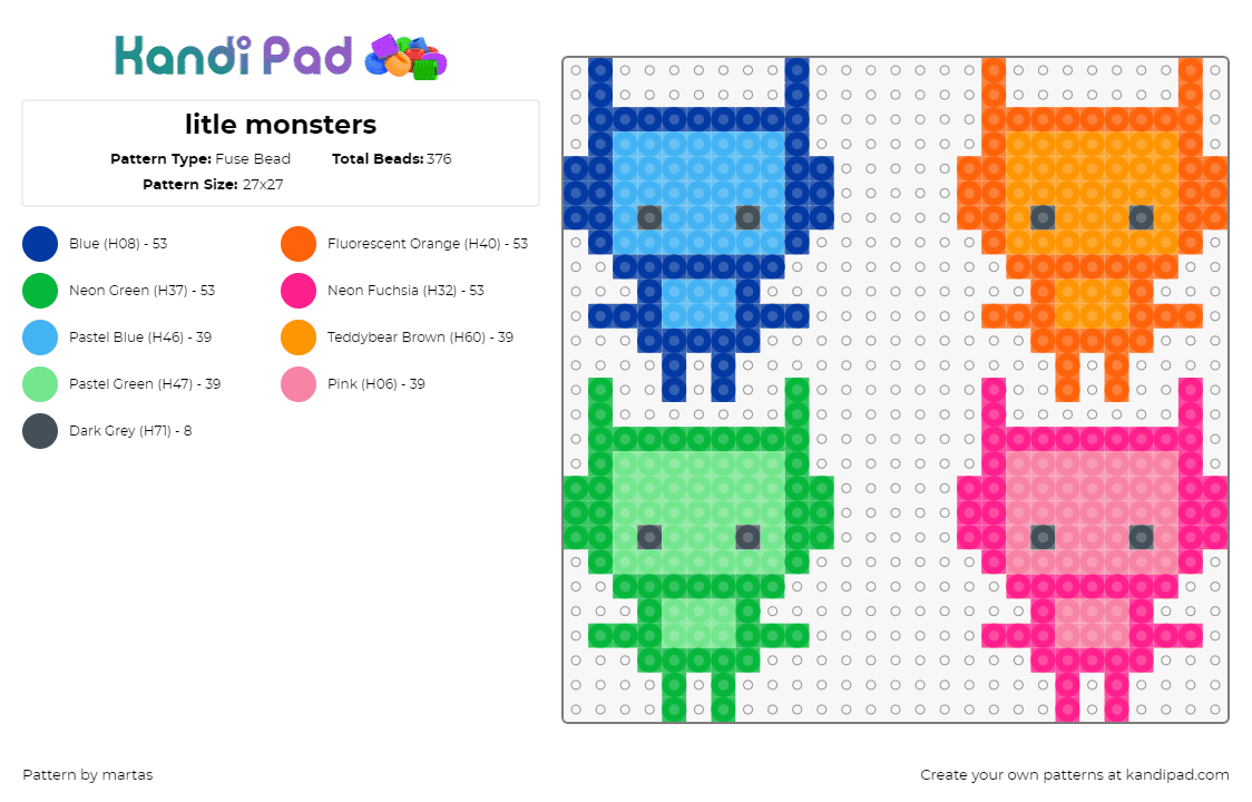 litle monsters - Fuse Bead Pattern by martas on Kandi Pad - monsters,colorful,neon,cute,characters,charms,blue,green,pink,orange