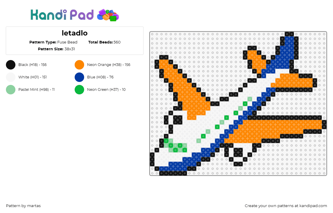 letadlo - Fuse Bead Pattern by martas on Kandi Pad - airplane,winged,transportation,automobile,vehicle,sky,orange,white,blue