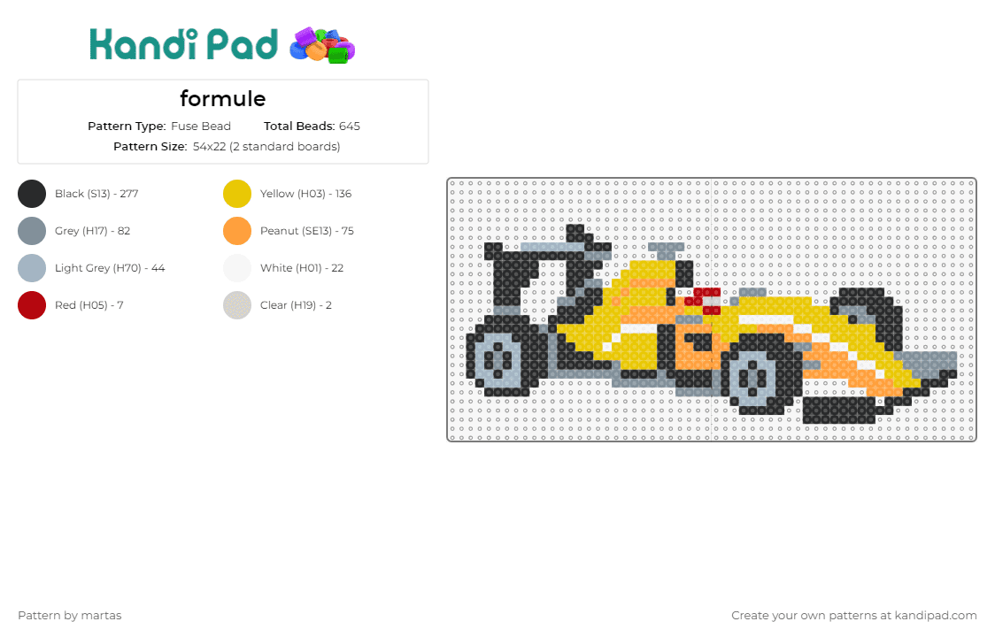 formule - Fuse Bead Pattern by martas on Kandi Pad - ormula one,race car,high-speed,motorsport,sleek,competitive,yellow