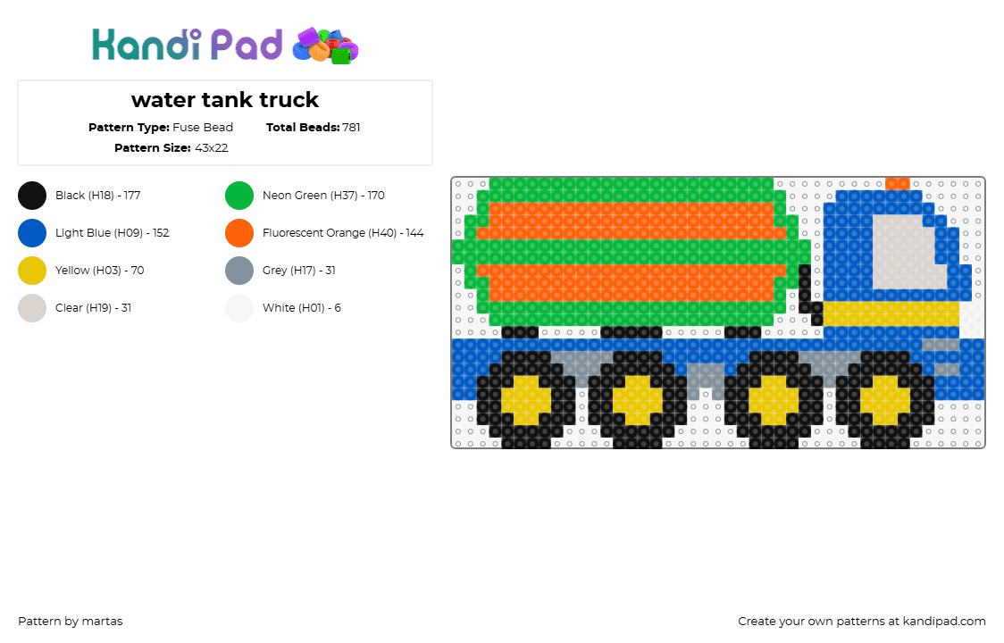 water tank truck - Fuse Bead Pattern by martas on Kandi Pad - truck,tanker,semi,automobile,vehicle,wheels,green,orange,blue,yellow