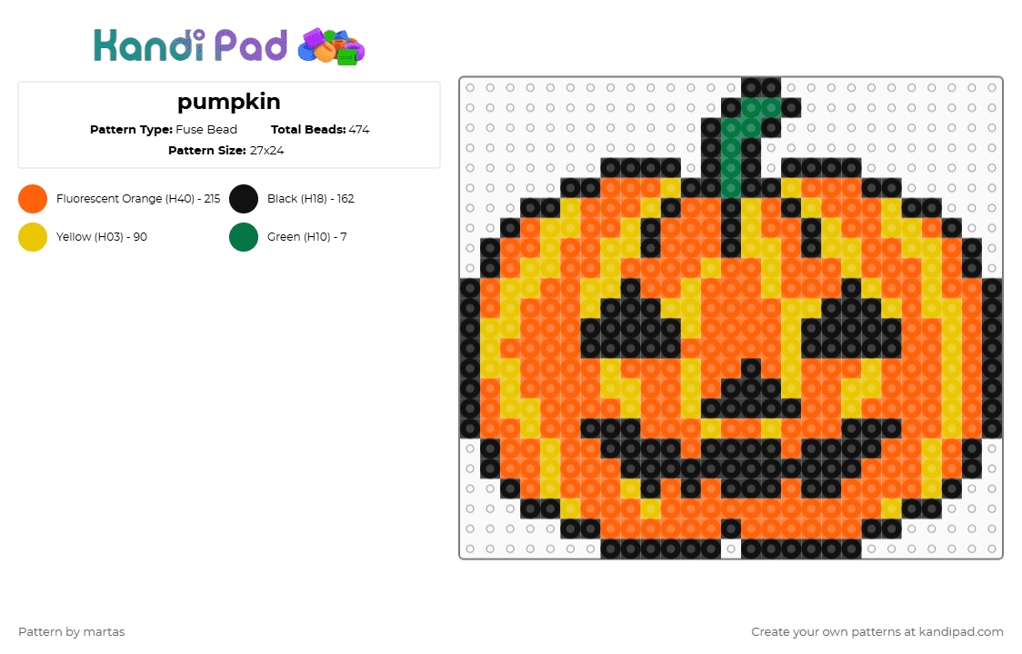 pumpkin - Fuse Bead Pattern by martas on Kandi Pad - jackolantern,pumpkin,gourd,squash,autumn,fall,food,harvest,halloween,spooky,holiday,orange