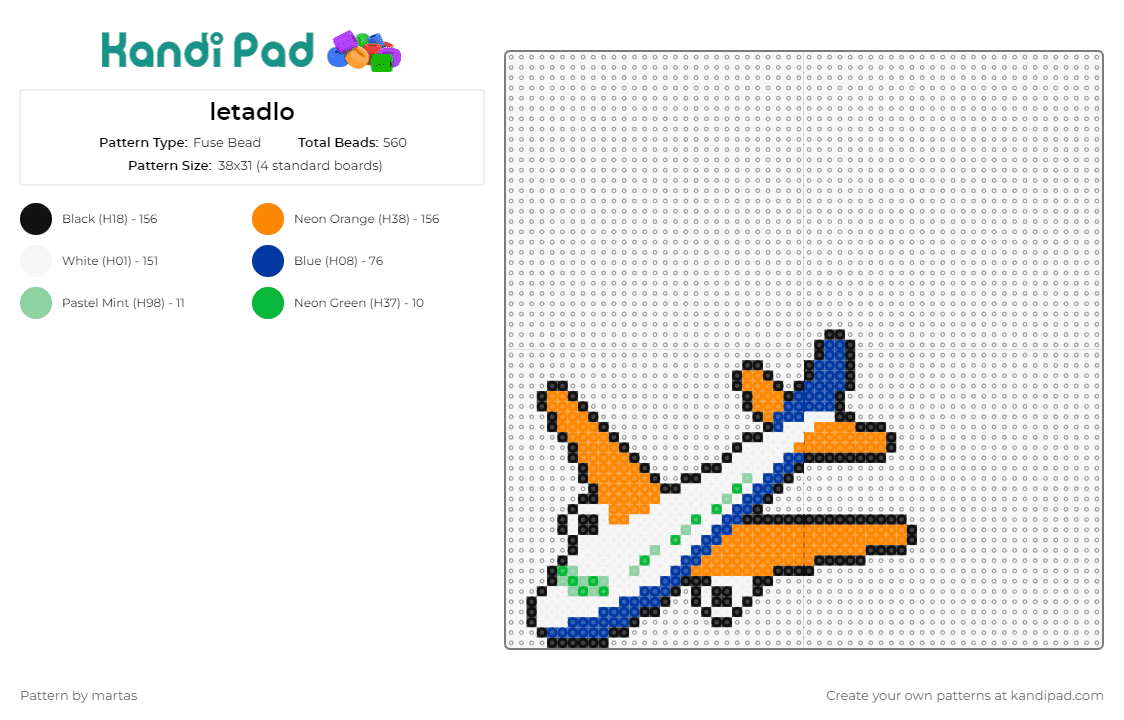 letadlo - Fuse Bead Pattern by martas on Kandi Pad - airplane,winged,transportation,automobile,vehicle,sky,orange,white,blue