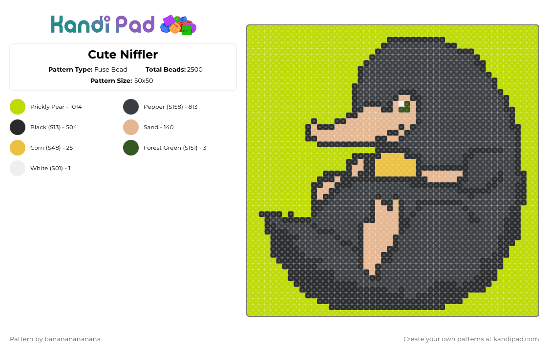Cute Niffler - Fuse Bead Pattern by banananananana on Kandi Pad - black,green,cotdcuteanimals