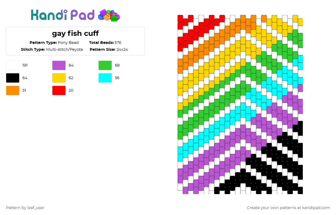 gay fish cuff - Pony Bead Pattern by leaf_user on Kandi Pad - yellow,green,light blue,pink,pride,lgbtqia,rainbow,fish,peyote,pride month,happy pride,fish stlye