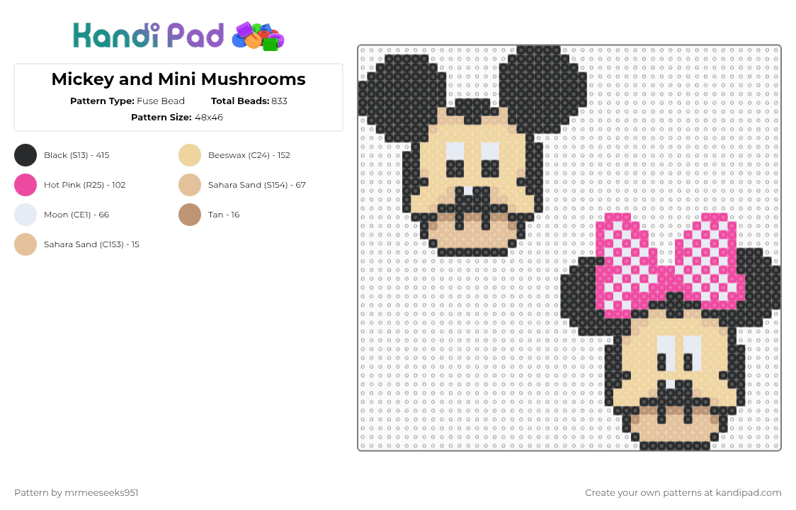 Mickey and Mini Mushrooms - Fuse Bead Pattern by mrmeeseeks951 on Kandi Pad - beige,pink