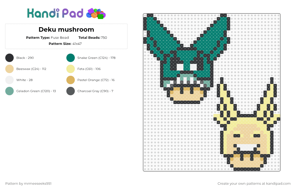 Deku mushroom - Fuse Bead Pattern by mrmeeseeks951 on Kandi Pad - teal,beige,yellow