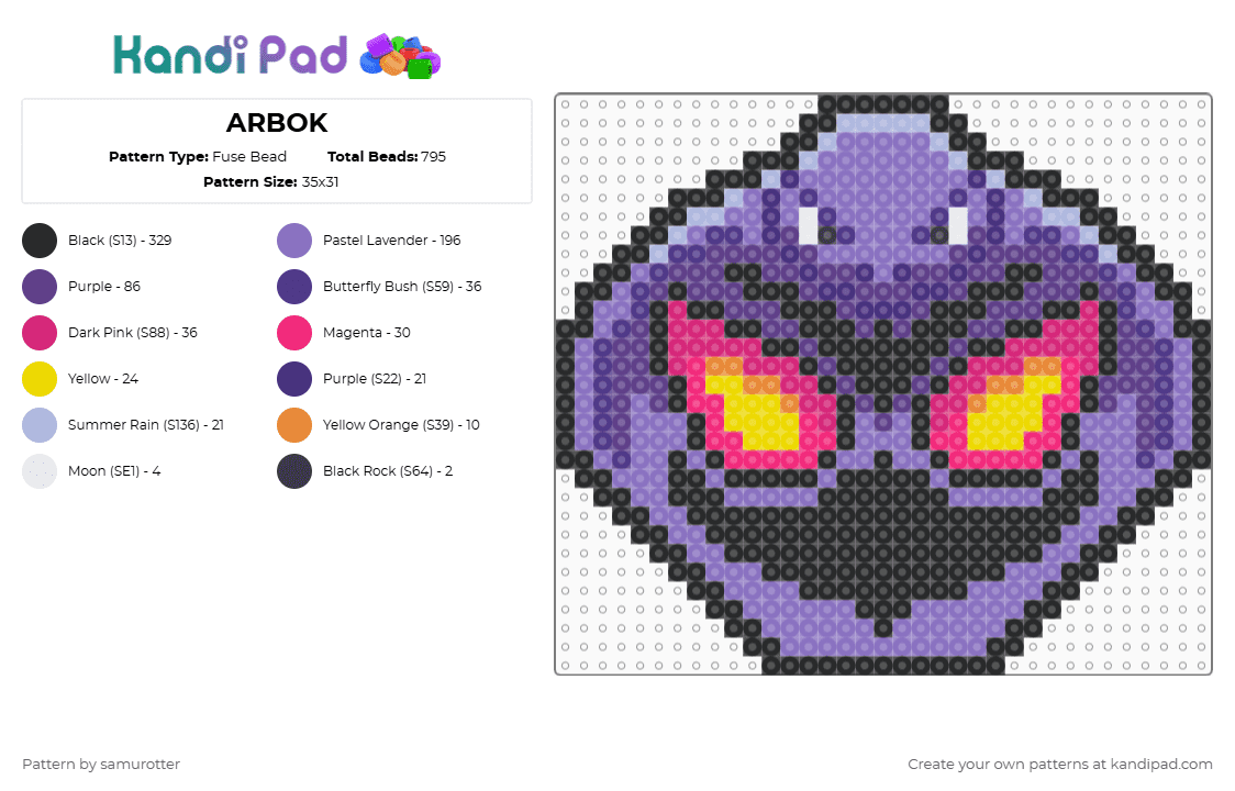 ARBOK - Fuse Bead Pattern by samurotter on Kandi Pad - arbok,pokemon,gaming,video game,purple,blue,pink