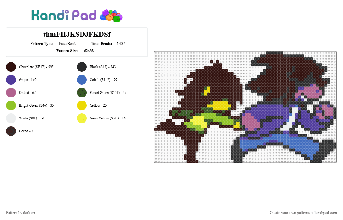 Susie pulling Kris (Deltarune Sprite) - Fuse Bead Pattern by darkuzi on Kandi Pad - brown,purple