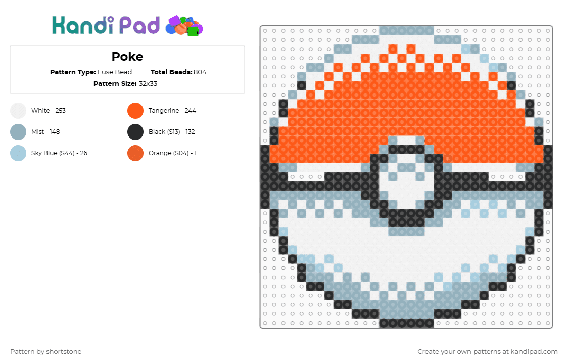 Poke - Fuse Bead Pattern by shortstone on Kandi Pad - pokeball,pokemon,gaming,video game,light blue,orange,poke,sprite,standee,stand,base