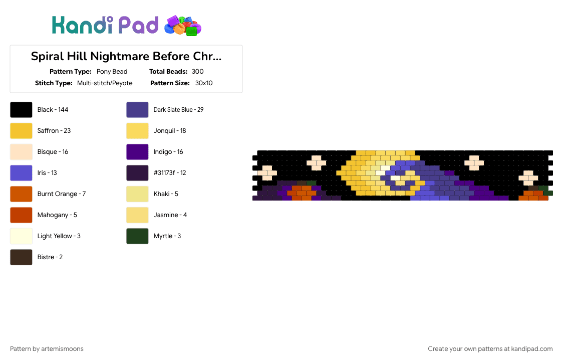 Spiral Hill Nightmare Before Christmas - Pony Bead Pattern by artemismoons on Kandi Pad - black, christmas, hill, jack, movie, night, nightmare before christmas, purple, sally, spiral, yellow