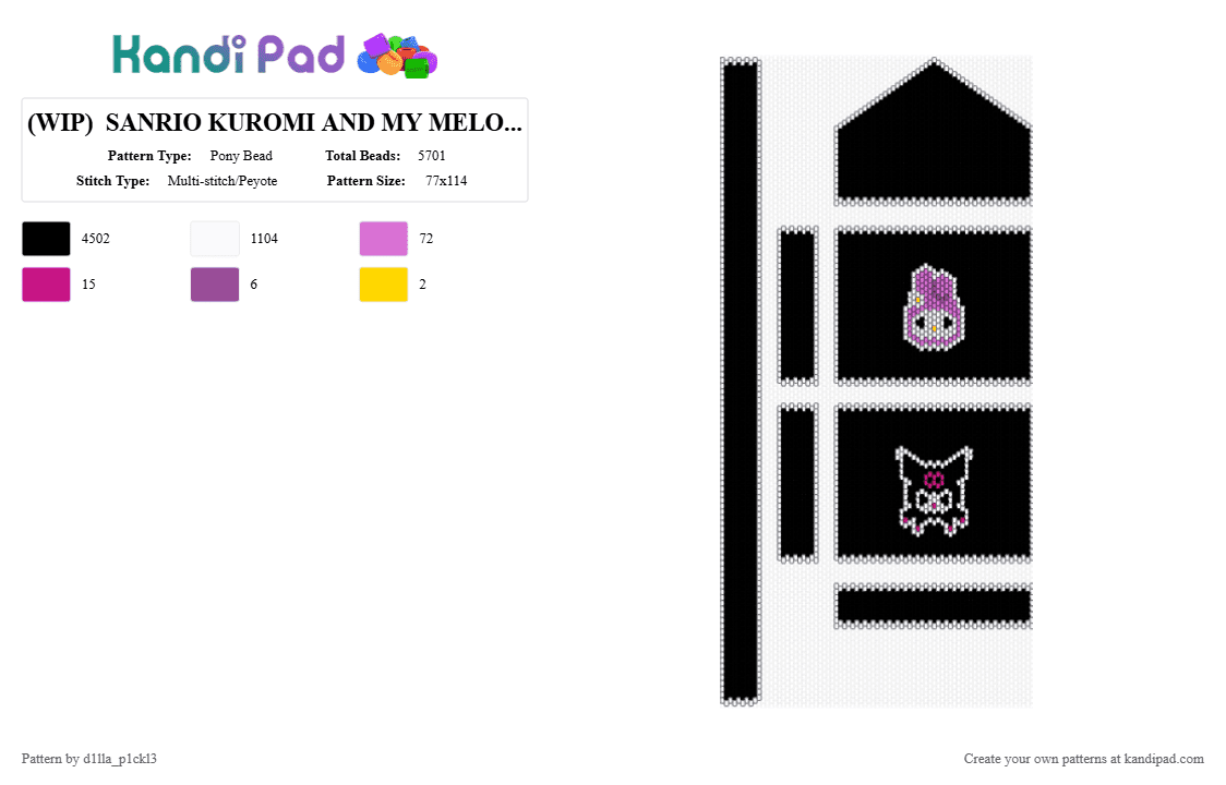 (WIP)  SANRIO KUROMI AND MY MELODY FULL SIZED / FUNCTIONAL BAG (black+white) - Pony Bead Pattern by d1lla_p1ckl3 on Kandi Pad - black, pink, white