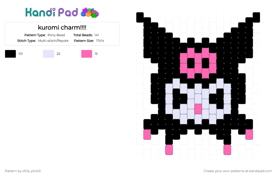 kuromi charm!!!! - Pony Bead Pattern by d1lla_p1ckl3 on Kandi Pad - black,pink,white
