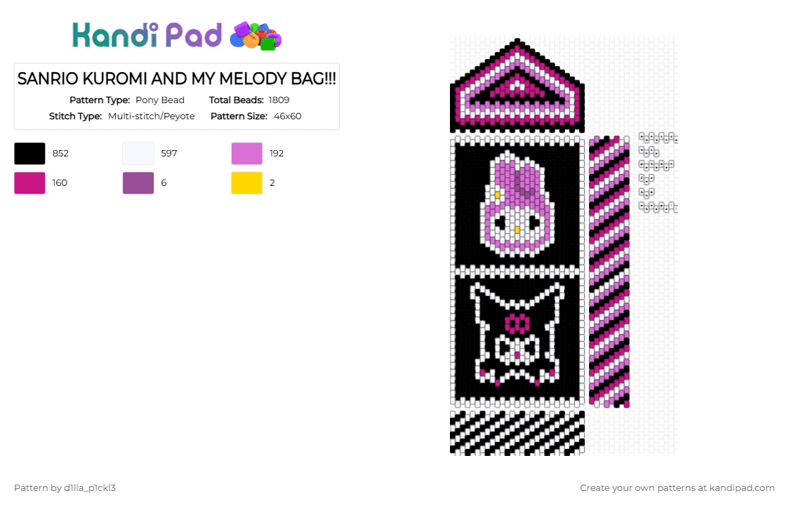SANRIO KUROMI AND MY MELODY WALLET / VERY SMALL BAG!!! - Pony Bead Pattern by d1lla_p1ckl3 on Kandi Pad - pink, white