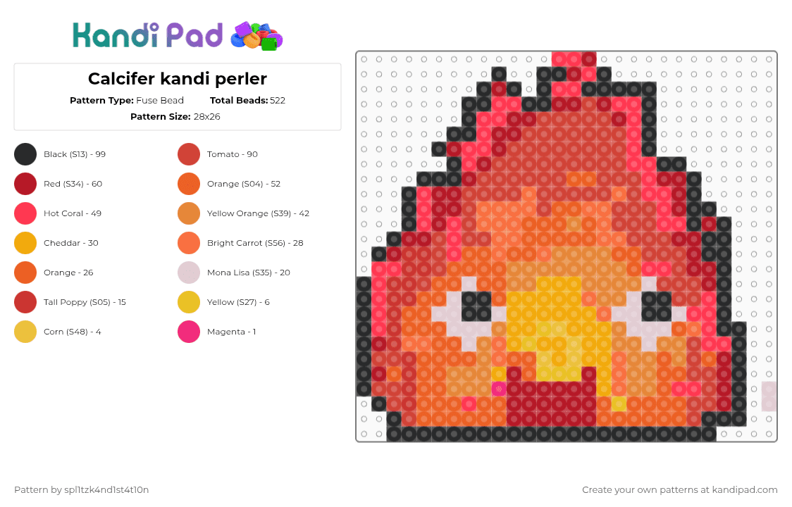 Calcifer kandi perler - Fuse Bead Pattern by spl1tzk4nd1st4t10n on Kandi Pad - red,orange,houlscastle fire calcifer