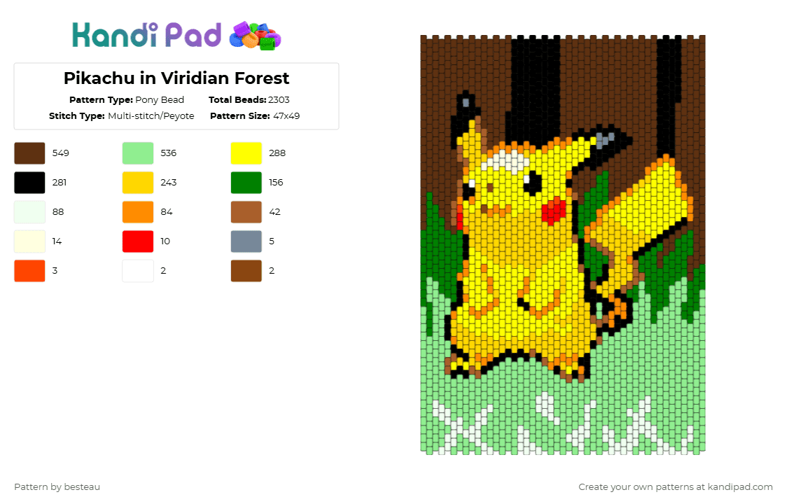Pikachu in Viridian Forest - Pony Bead Pattern by besteau on Kandi Pad - brown, teal, yellow
