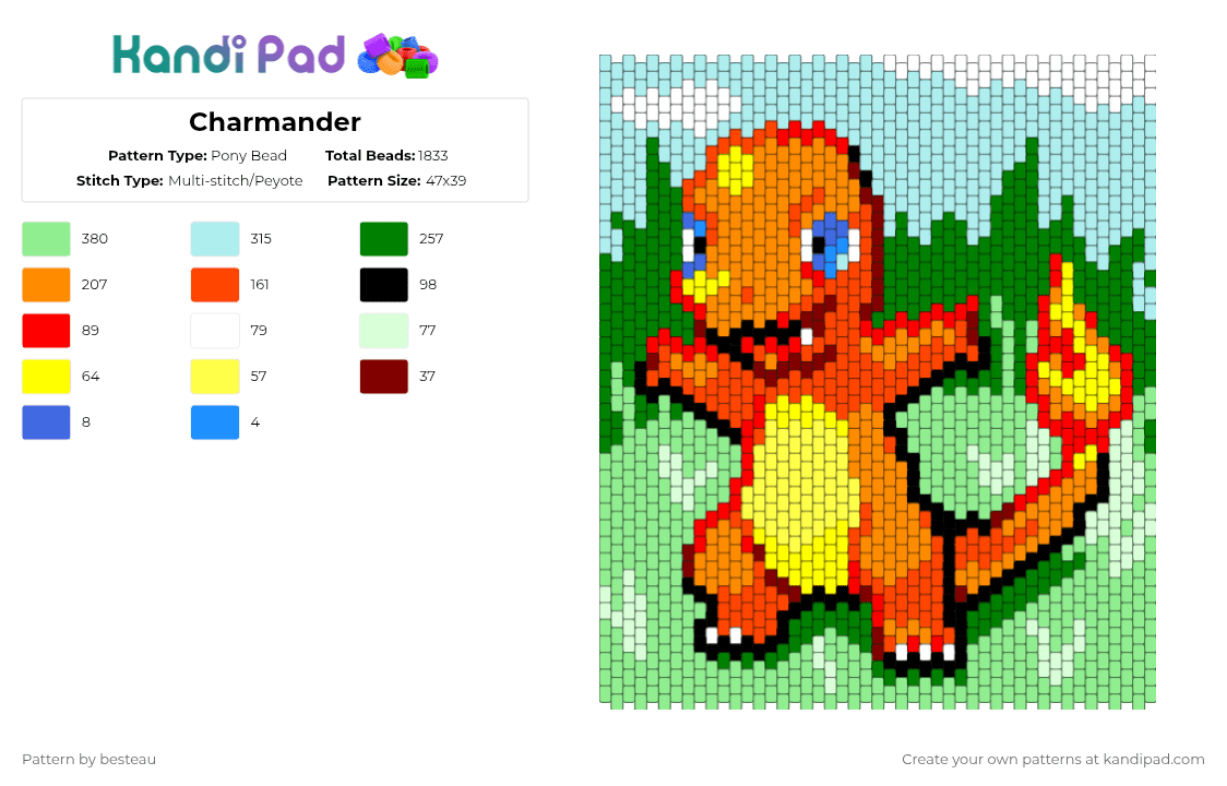 Charmander - Pony Bead Pattern by besteau on Kandi Pad - orange,teal,green,colorful