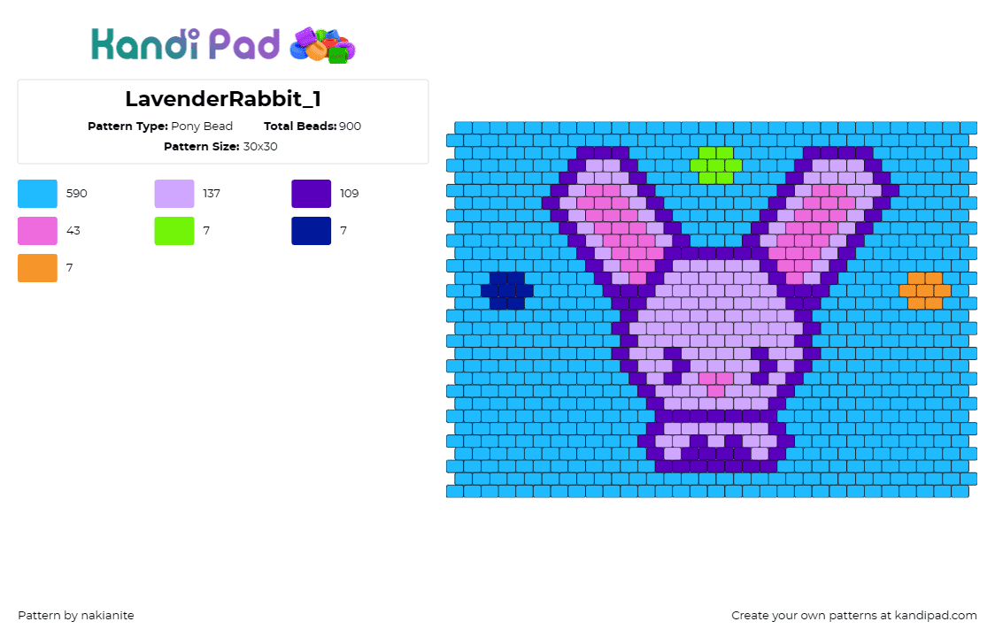 LavenderRabbit_1 - Pony Bead Pattern by nakianite on Kandi Pad - rabbit,bunny,lavender,panel,animal,cute,ears,purple,light blue,teal