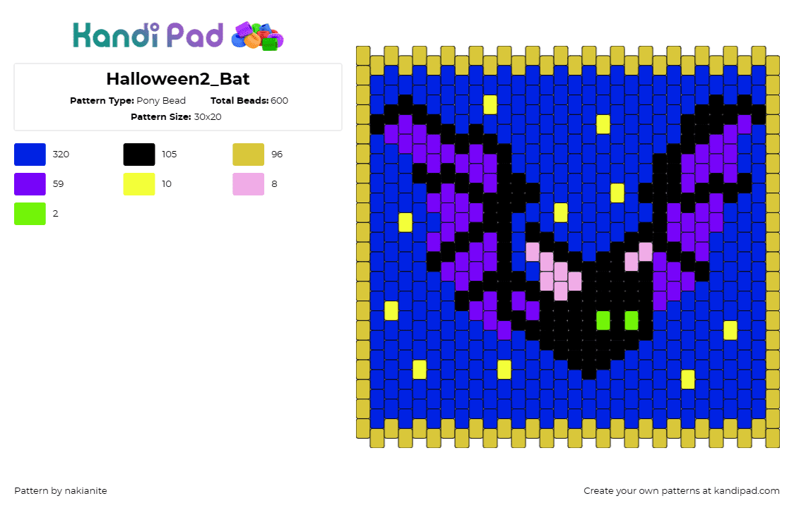 Halloween2_Bat - Pony Bead Pattern by nakianite on Kandi Pad - bat,winged,spooky,halloween,animal,night,cute,panel,black,purple,blue