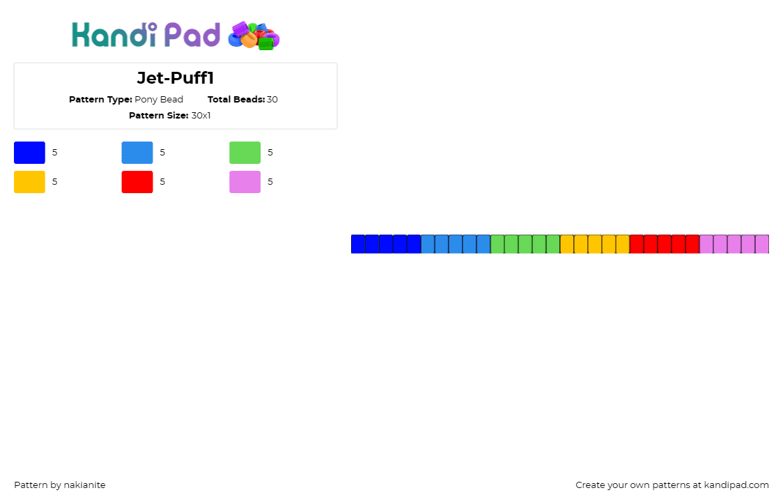 Jet-Puff1 - Pony Bead Pattern by nakianite on Kandi Pad - jet puffed,marshmallows,rainbow,single,bracelet,blue,green,yellow,red