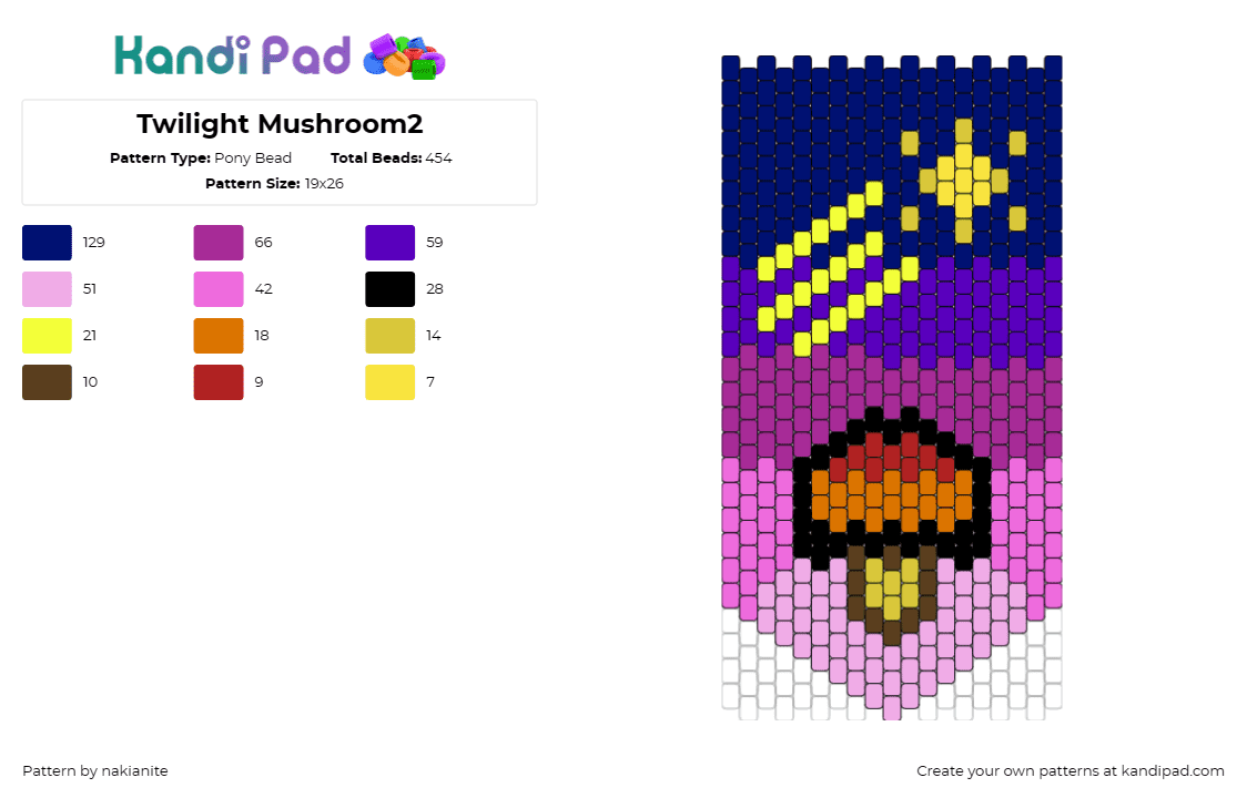 Twilight Mushroom2 - Pony Bead Pattern by nakianite on Kandi Pad - mushroom,shooting star,night,panel,banner,pink,purple,yellow