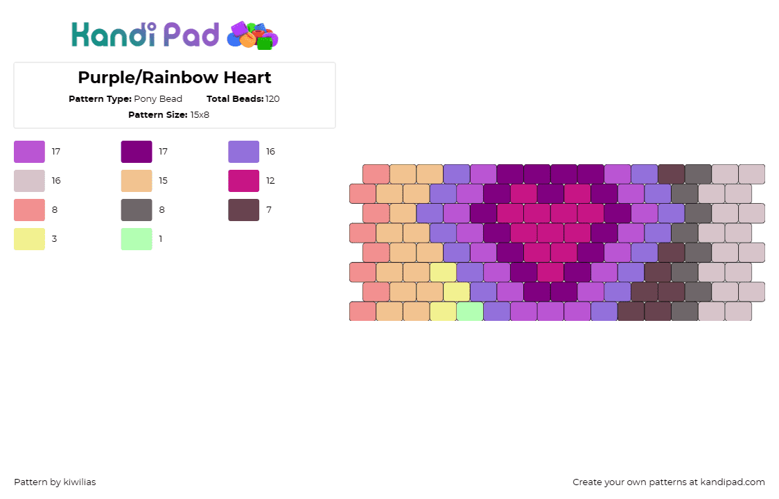 Purple/Rainbow Heart - Pony Bead Pattern by kiwilias on Kandi Pad - heart,colorful,pastel,purple,love,gradient,valentine,romance