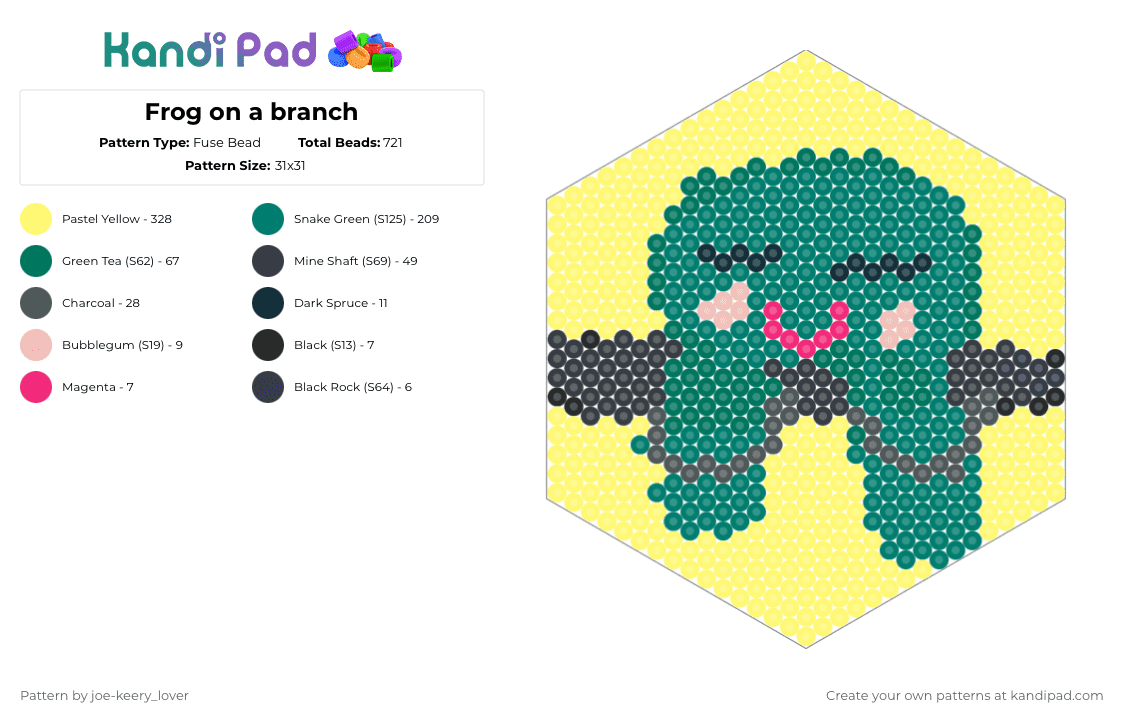 Frog on a branch - Fuse Bead Pattern by joe-keery_lover on Kandi Pad - teal, yellow