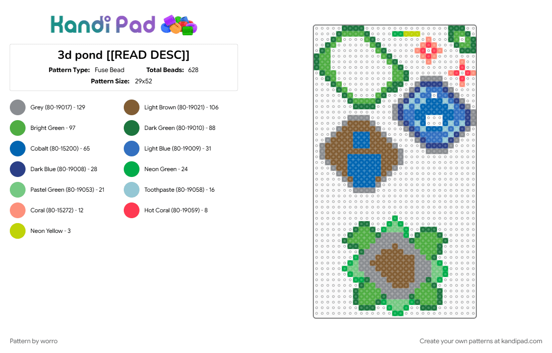 3d pond [[READ DESC]] - Fuse Bead Pattern by worro on Kandi Pad - 3d, blue, duck, duck pond, gray, green, nature, perler, pond, resin duck, tan, water
