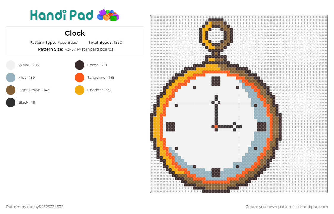 Clock - Fuse Bead Pattern by ducky54325324532 on Kandi Pad - clock,watch,time,analog,pocket,white,gold,accessory,nostalgia
