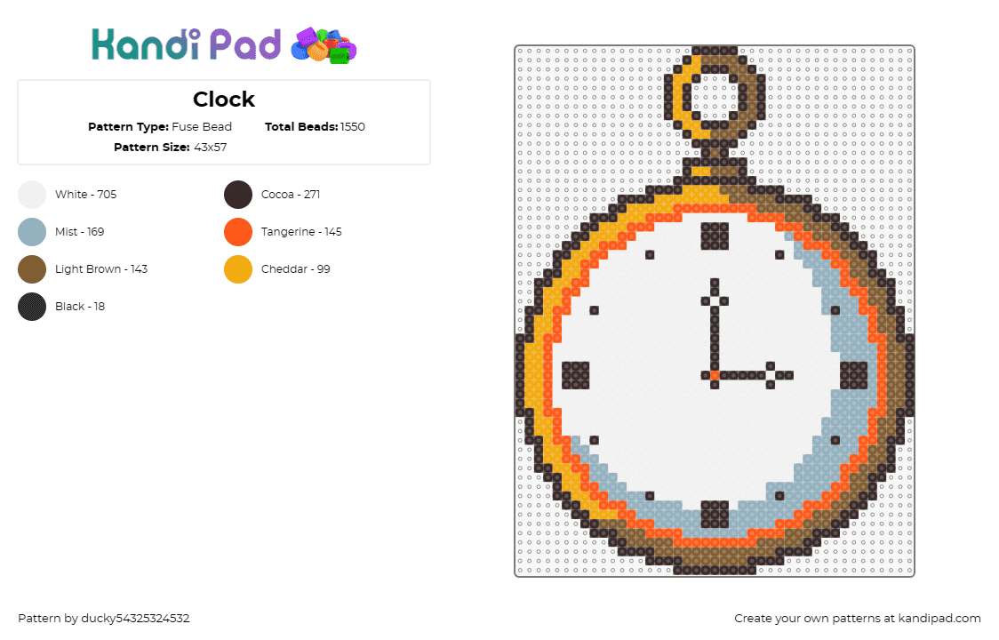 Clock - Fuse Bead Pattern by ducky54325324532 on Kandi Pad - clock,watch,time,analog,pocket,white,gold,nostalgia