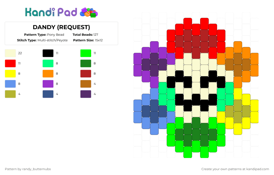DANDY (REQUEST) - Pony Bead Pattern by randy_butternubs on Kandi Pad - green,red,purple