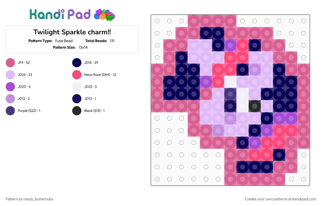 Twilight Sparkle charm!! - Fuse Bead Pattern by randy_butternubs on Kandi Pad - character, friendship is magic, mlp, my little pony, pink, twilight sparkle