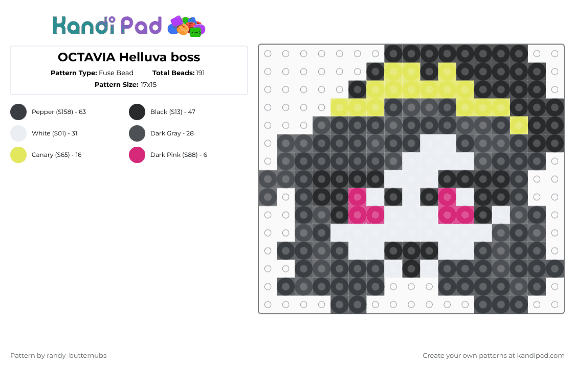 OCTAVIA Helluva boss - Fuse Bead Pattern by randy_butternubs on Kandi Pad - black,gray,yellow,hb,helluva boss,octavia