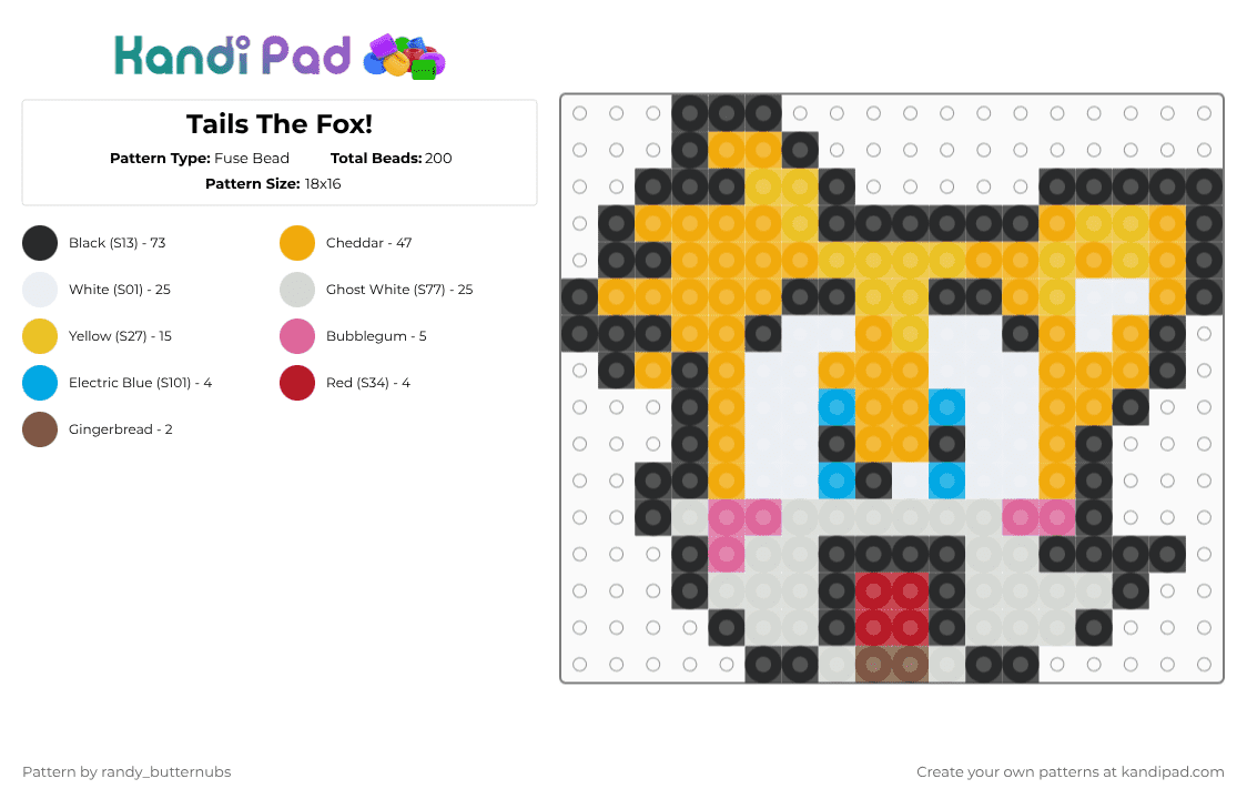 Tails The Fox! - Fuse Bead Pattern by randy_butternubs on Kandi Pad - white,orange,yellow,tails,sonic,tails the fox,sonic the hedgehog
