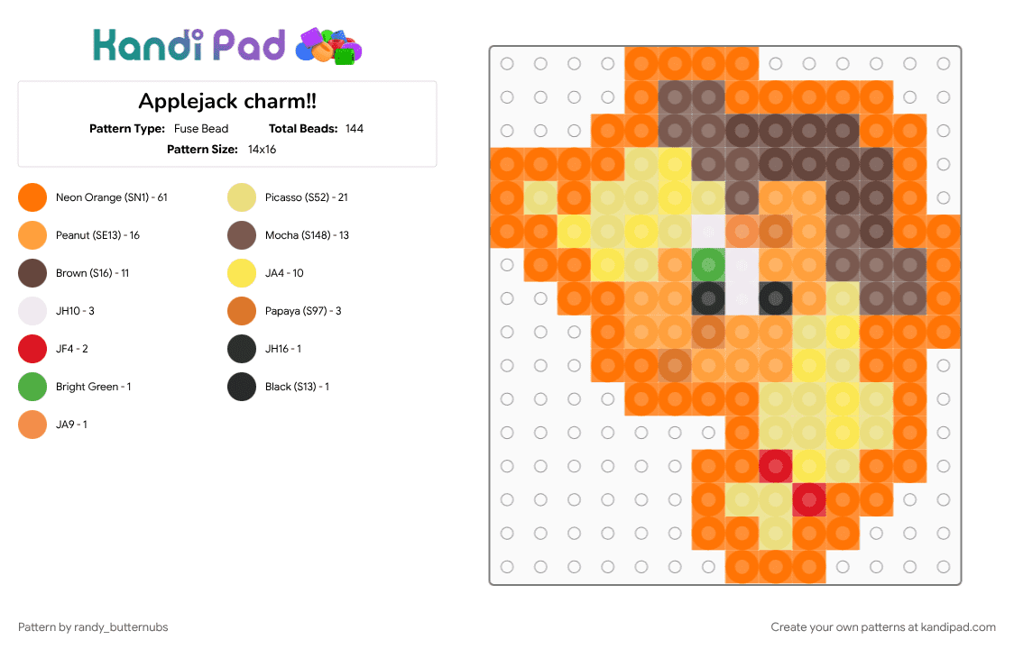 Applejack charm!! - Fuse Bead Pattern by randy_butternubs on Kandi Pad - applejack, character, friendship is magic, mlp, my little pony, orange, yellow