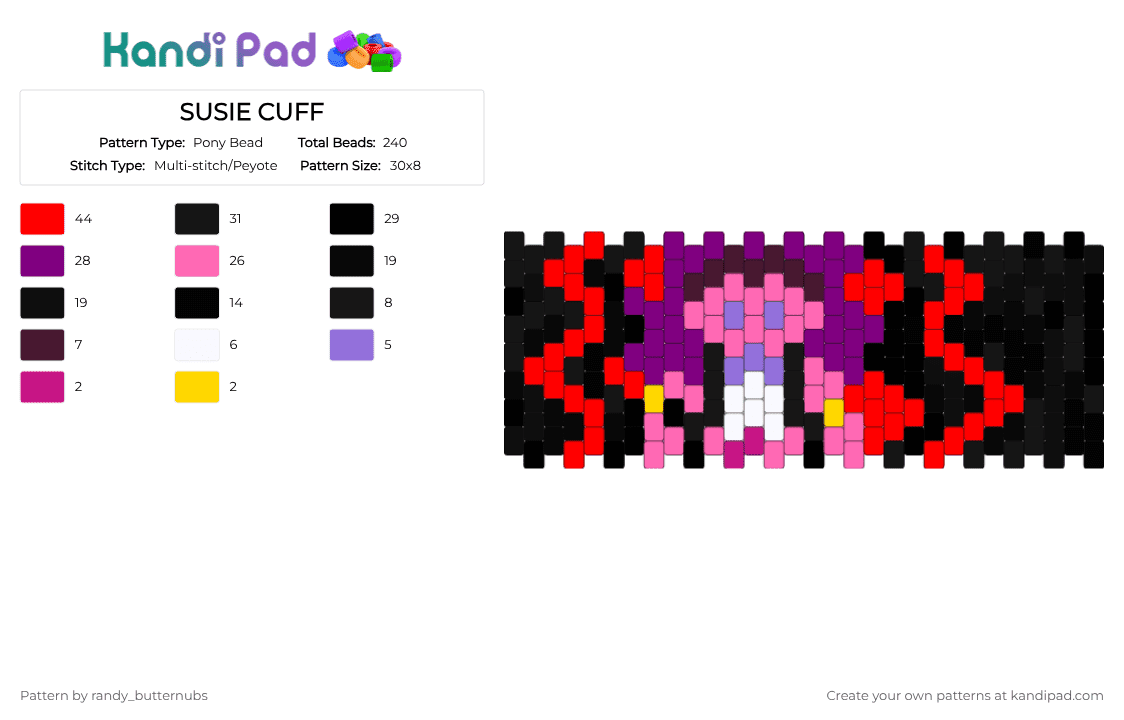 SUSIE CUFF - Pony Bead Pattern by randy_butternubs on Kandi Pad - black,pink,red