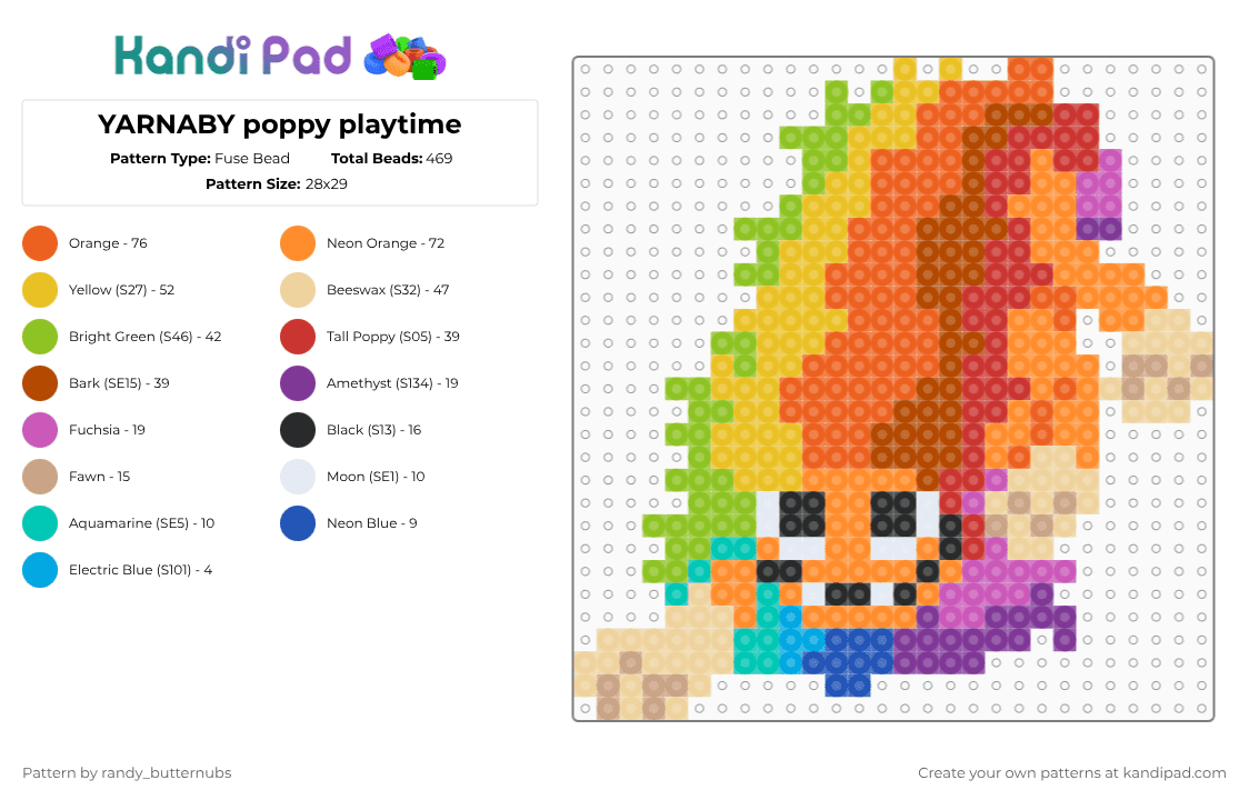 YARNABY poppy playtime - Fuse Bead Pattern by randy_butternubs on Kandi Pad - beige,orange,red,yellow,poppy playtime,yarnaby,yarn,rainbow