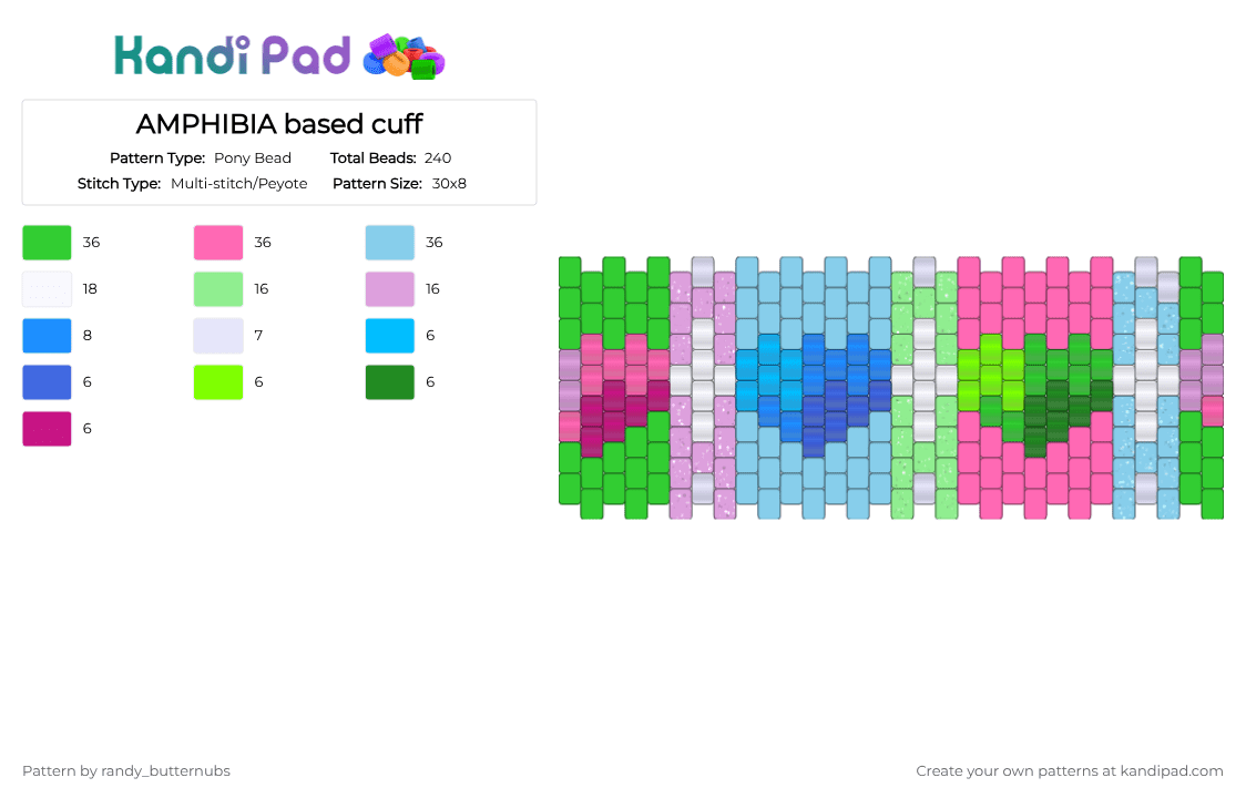 AMPHIBIA based cuff - Pony Bead Pattern by randy_butternubs on Kandi Pad - light blue,green,pink