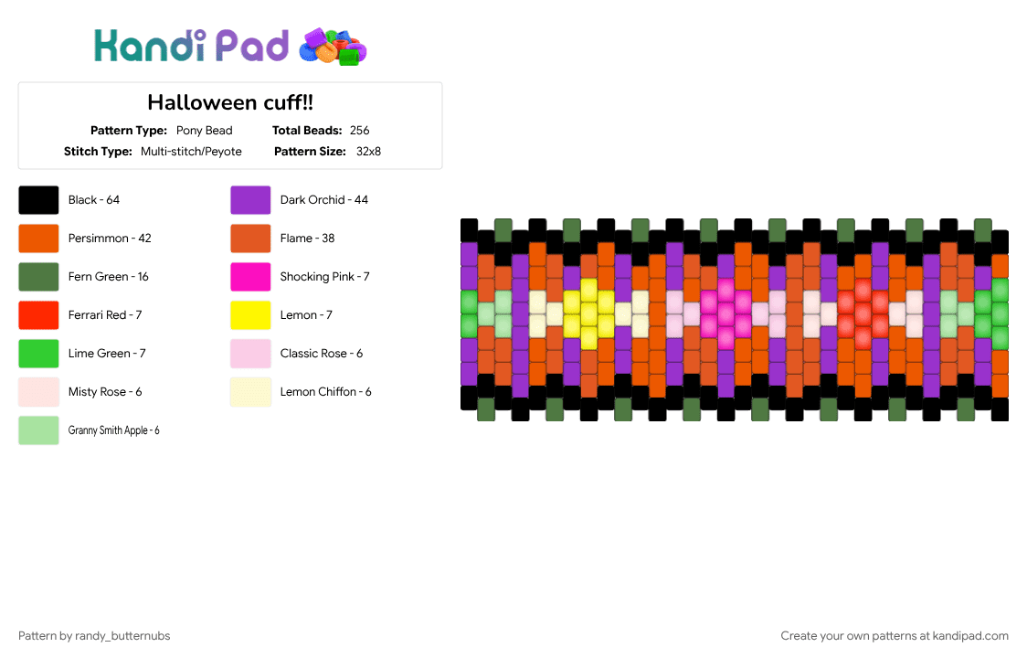 Halloween cuff!! - Pony Bead Pattern by randy_butternubs on Kandi Pad - colorful, cuff, halloween, holiday, orange, purple, red