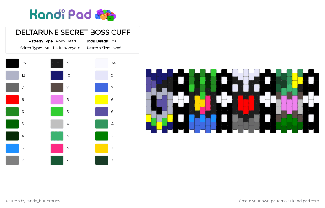 DELTARUNE SECRET BOSS CUFF - Pony Bead Pattern by randy_butternubs on Kandi Pad - black,green,pink,purple,colorful