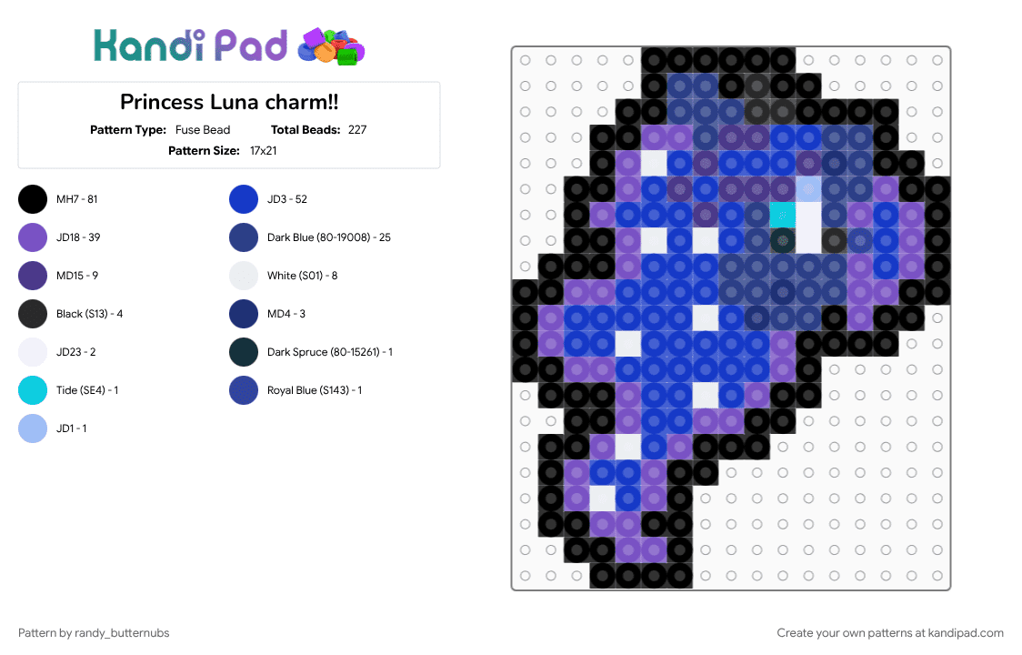 Princess Luna charm!! - Fuse Bead Pattern by randy_butternubs on Kandi Pad - character, friendship is magic, mlp, my little pony, princess luna, purple