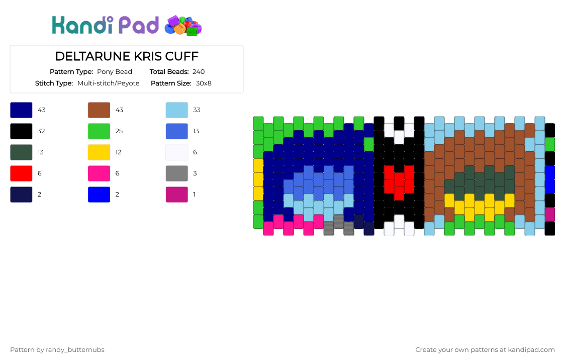 DELTARUNE KRIS CUFF - Pony Bead Pattern by randy_butternubs on Kandi Pad - purple,light blue,green,red