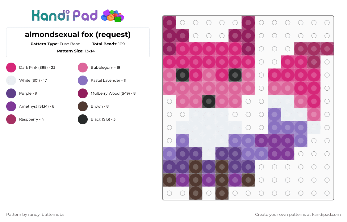 almondsexual fox (request) - Fuse Bead Pattern by randy_butternubs on Kandi Pad - pink,pride,almondsexual