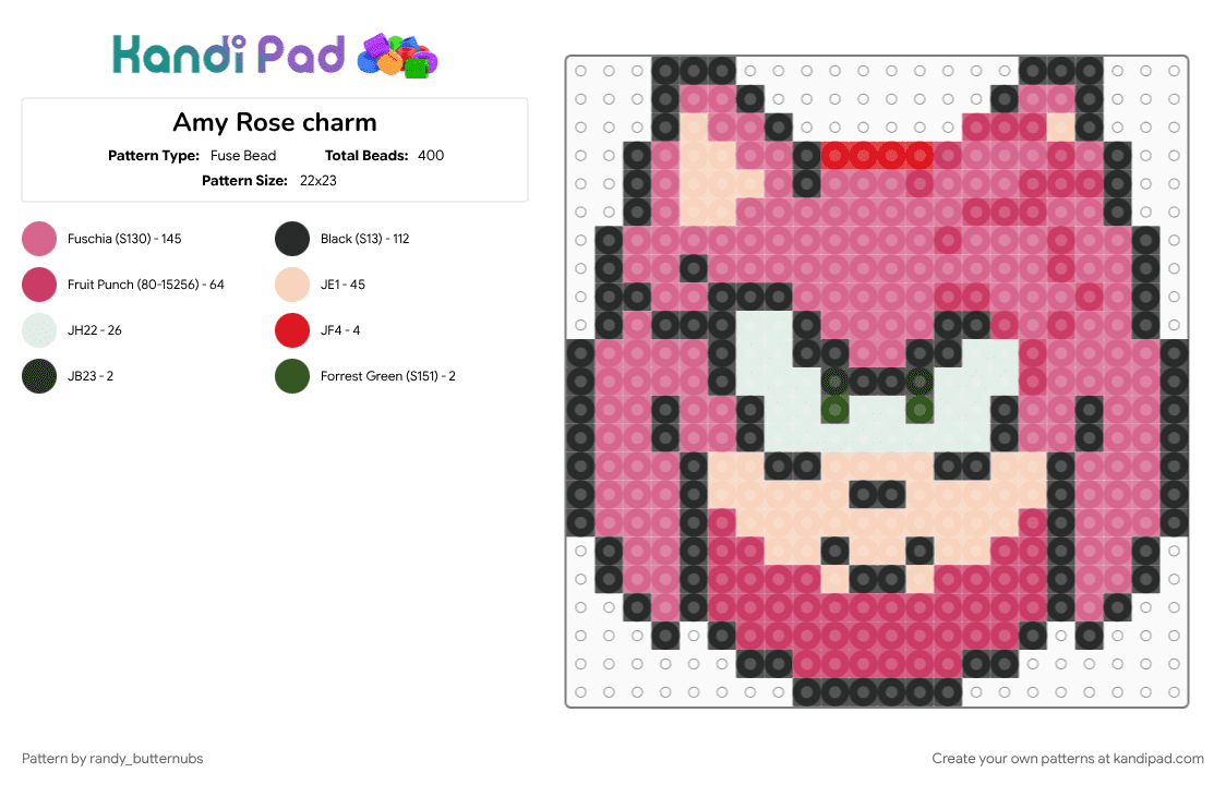 Amy Rose charm - Fuse Bead Pattern by randy_butternubs on Kandi Pad - amy, amy rose, character, gaming, head, pink, sonic, sonic the hedgehog