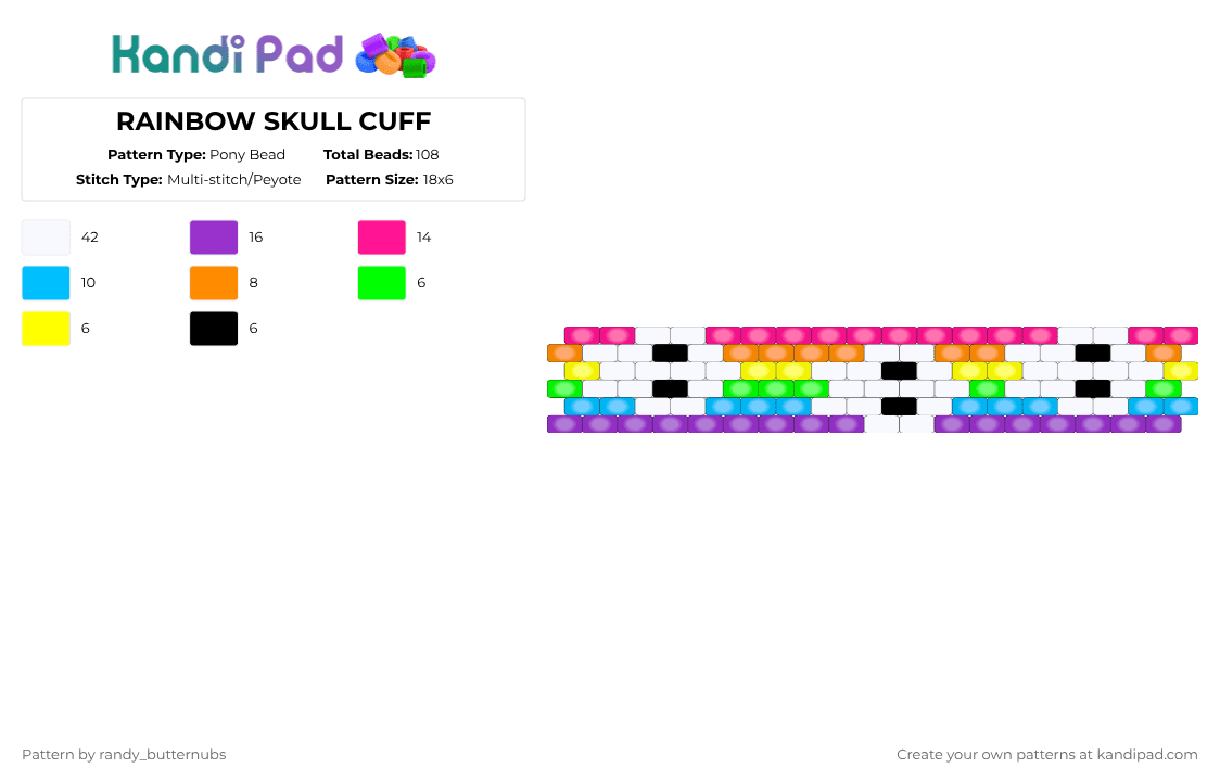 RAINBOW SKULL CUFF - Pony Bead Pattern by randy_butternubs on Kandi Pad - white,pink,light blue,purple,skull,rainbow,lgbtq