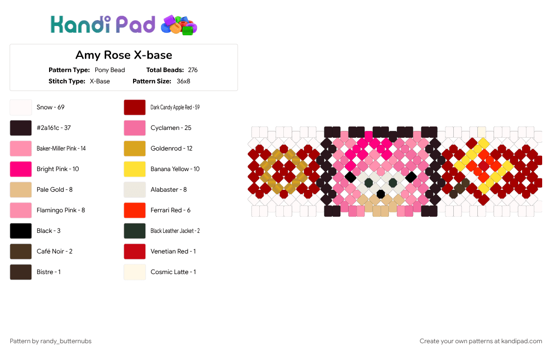 Amy Rose X-base - Pony Bead Pattern by randy_butternubs on Kandi Pad - amy rose, charcter, pink, red, sega, sonic, sonic the hedgehog, video game, x base