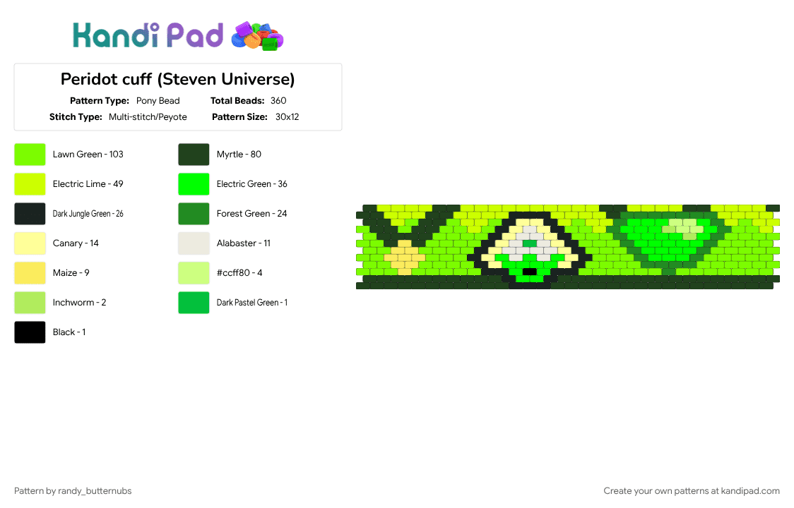 Peridot cuff (Steven Universe) - Pony Bead Pattern by randy_butternubs on Kandi Pad - cartoon, character, cuff pattern, green, peridot, steven universe, yellow